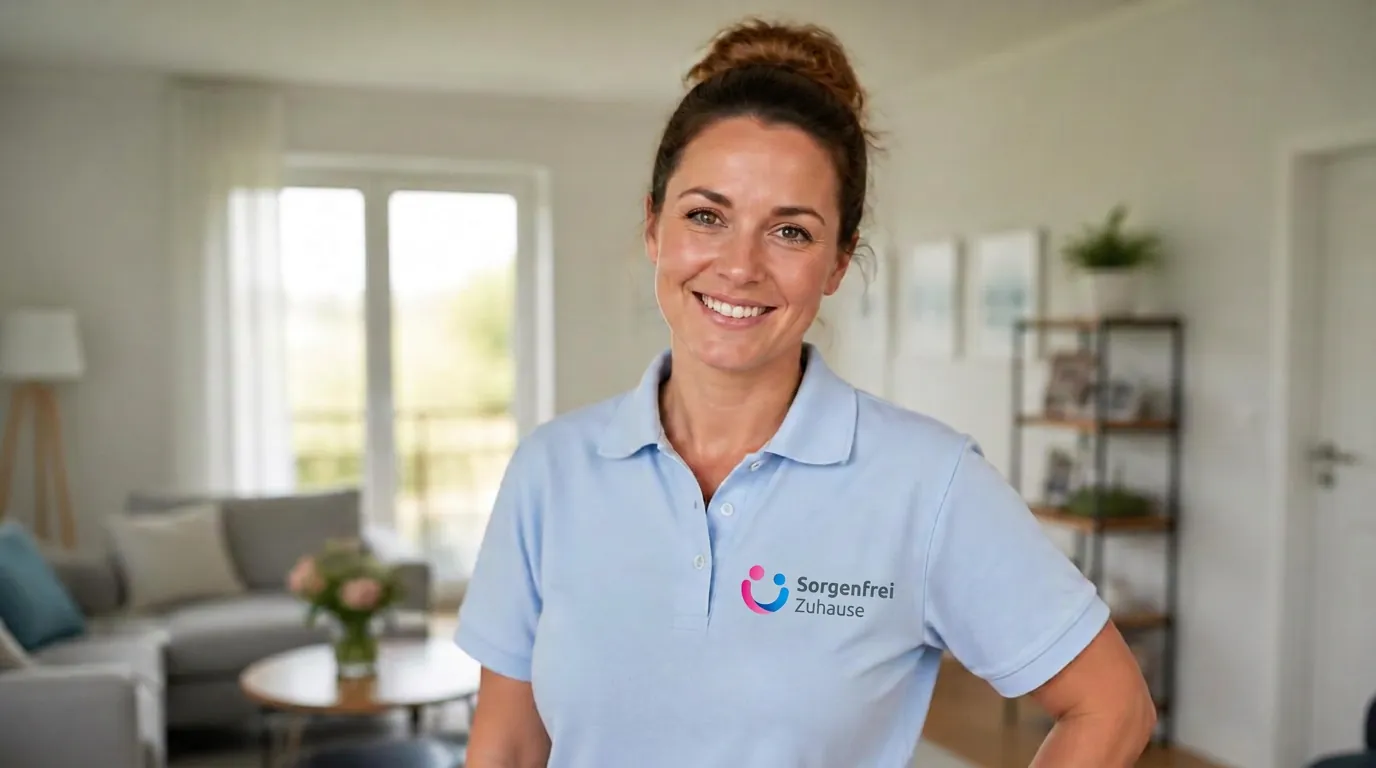 Alltagshelferin von Sorgenfrei Zuhause im blauen Shirt mit Logo